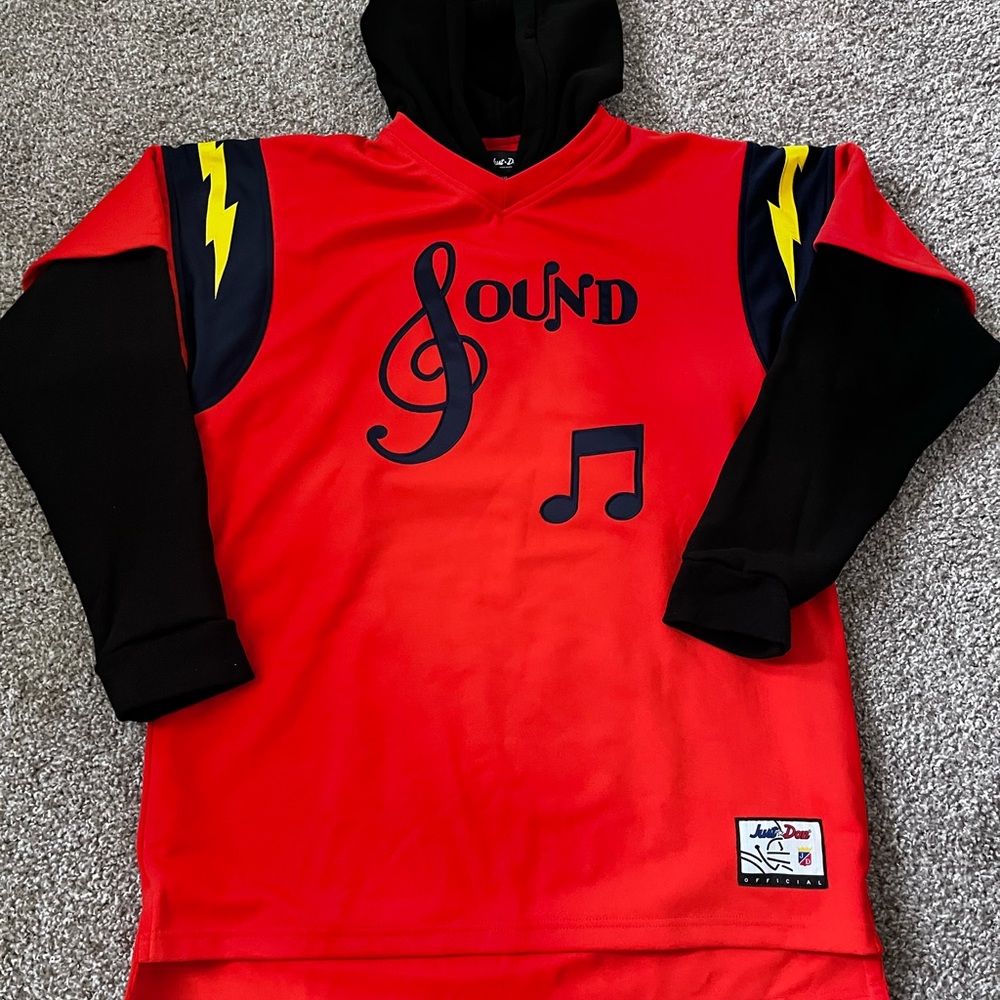 Just Don: High quality, red shell, black hood & sleeves with gold lighting bolts